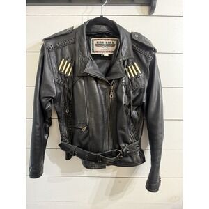Vintage Fire Bird‎ Black Leather Fringed  Beaded Motorcycle Zip Jacket Size 6